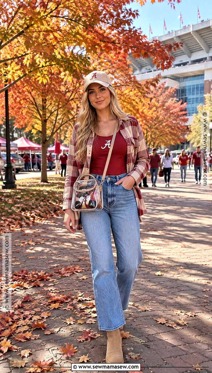 Alabama Top With Jeans And Plaid Shacket - 15 alabama football game outfit fall ideas