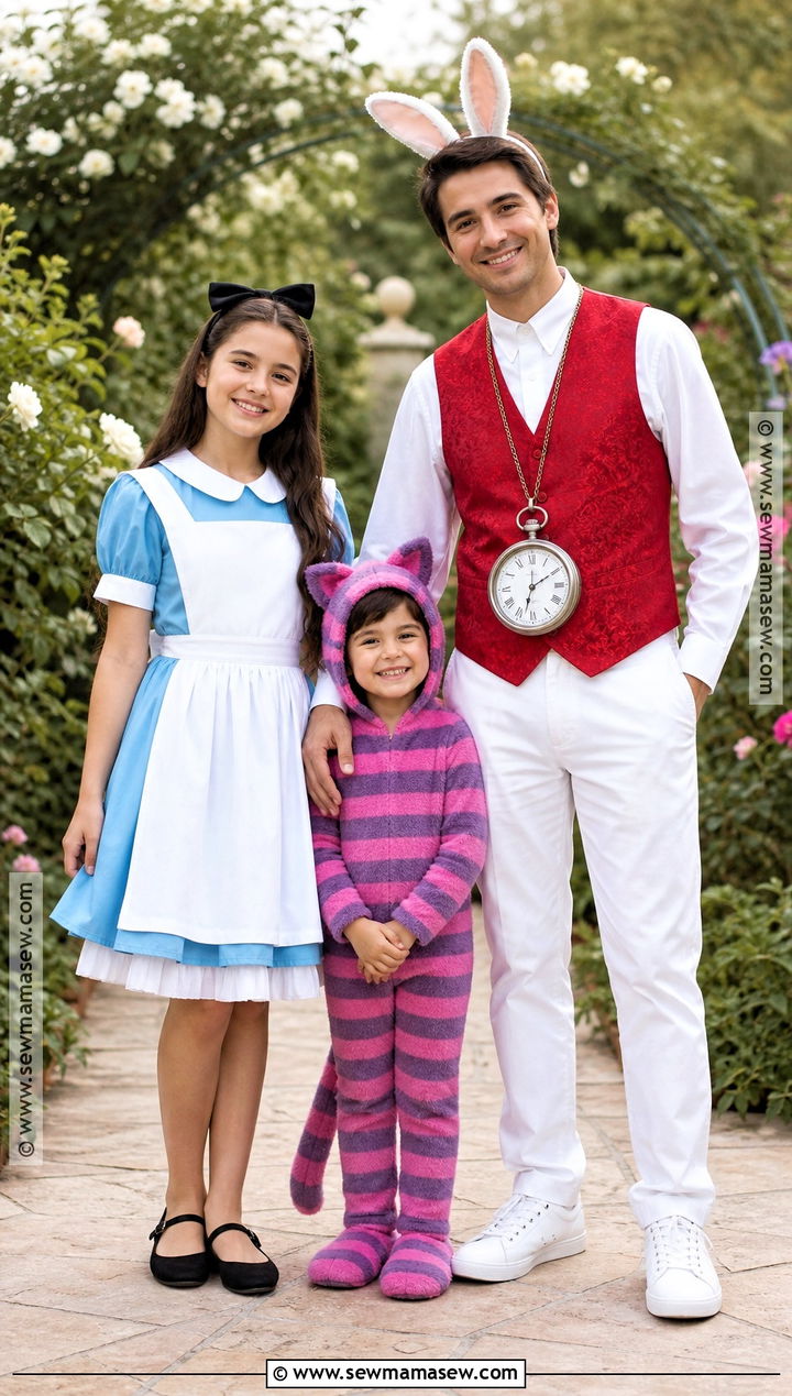 Alice Cheshire Cat And White Rabbit Family Costume - 30 alice in wonderland family costumes