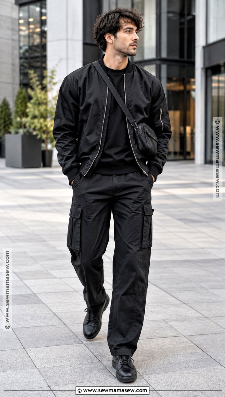 All Black Bomber Jacket and Cargo Pants Outfit - 15 All Black Fall Outfits for Men