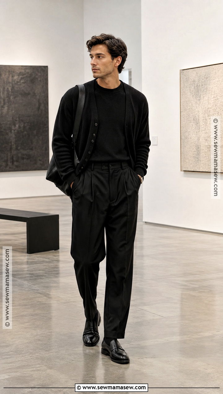 All Black Cardigan and Pleated Trousers Outfit - 15 All Black Fall Outfits for Men