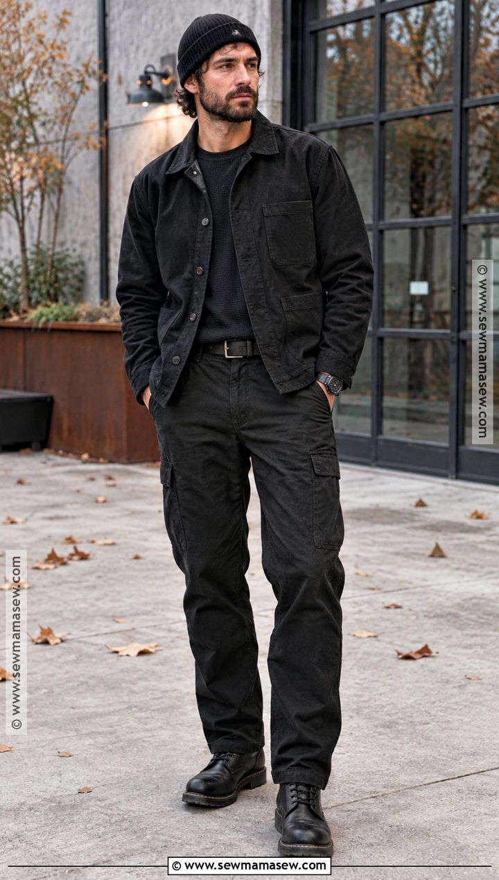 All Black Chore Coat and Carpenter Pants Outfit - 15 All Black Fall Outfits for Men