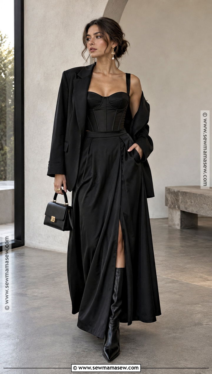 All Black Corset Top And Maxi Skirt Outfit - 15 all black fall outfits baddie