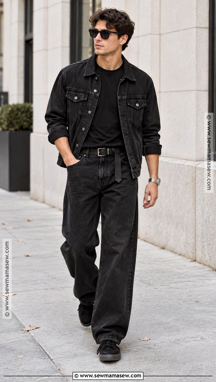 All Black Denim Jacket and Wide Leg Jeans Outfit - 15 All Black Fall Outfits for Men