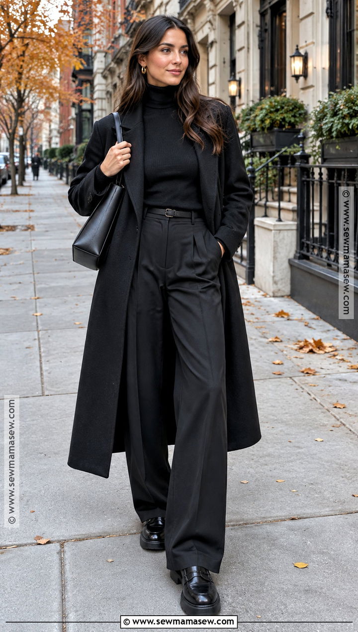 All Black Fall Outfit With Wide Leg Pants - 25 dark fall outfits