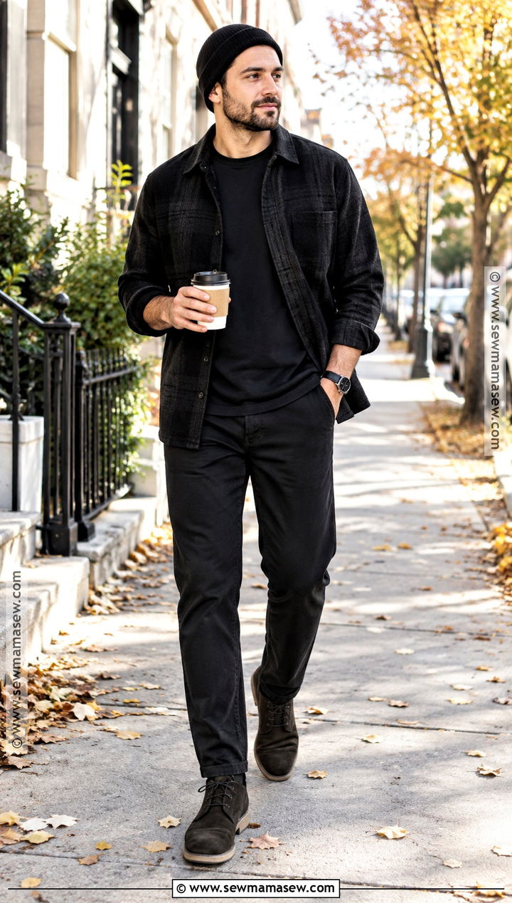 All Black Flannel Overshirt and Chinos Outfit - 15 All Black Fall Outfits for Men