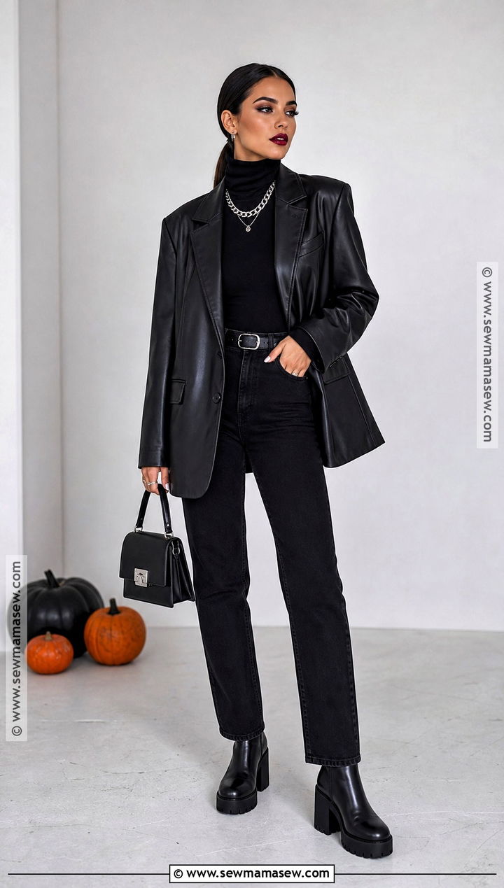 All Black Halloween Outfit With Leather Blazer - 50 halloween outfit ideas