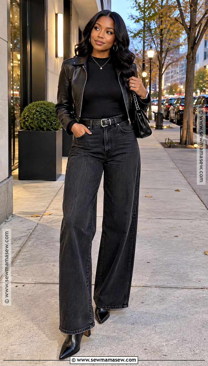 All Black Knit Top And Wide Leg Jeans Outfit - 25 fall date night outfit ideas for black women