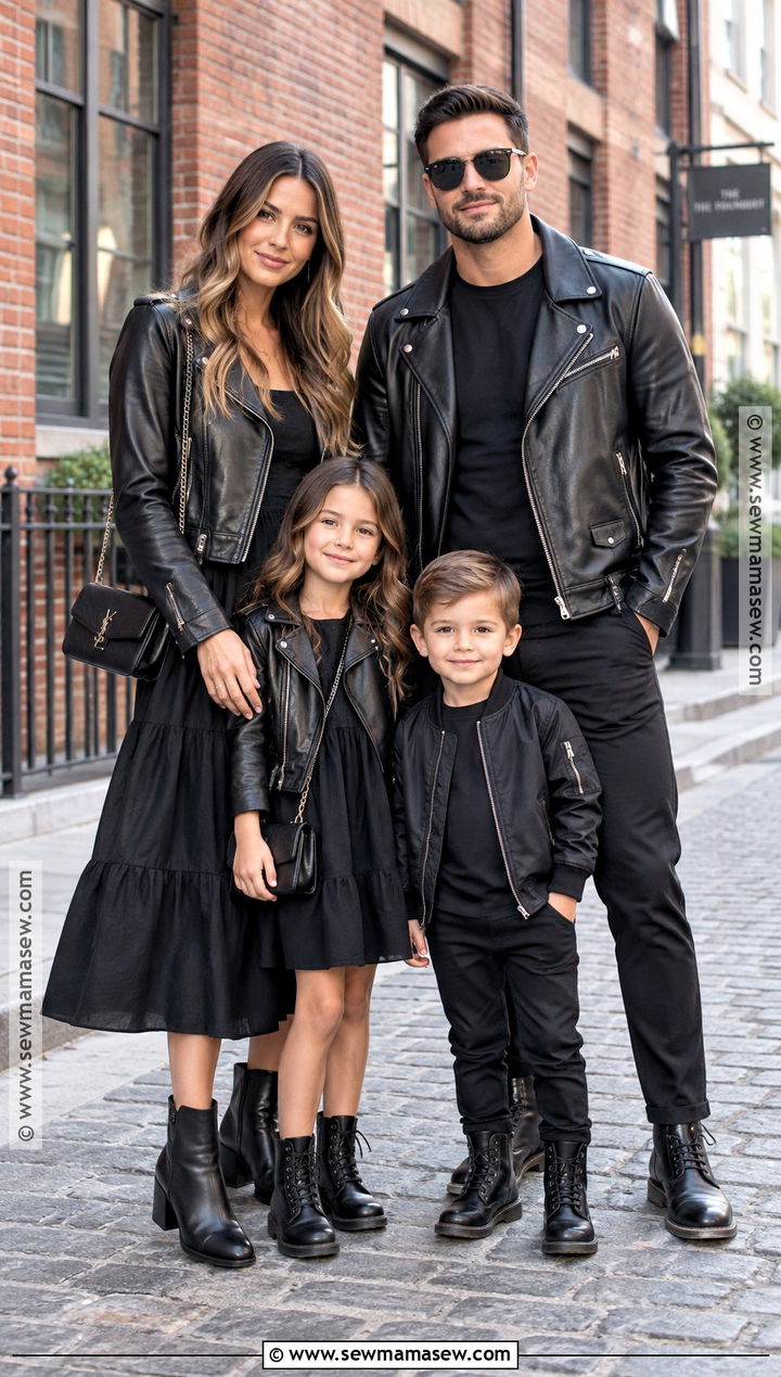 All Black Leather Jacket And Dress Family Outfit - 15 all black family photoshoot outfits fall