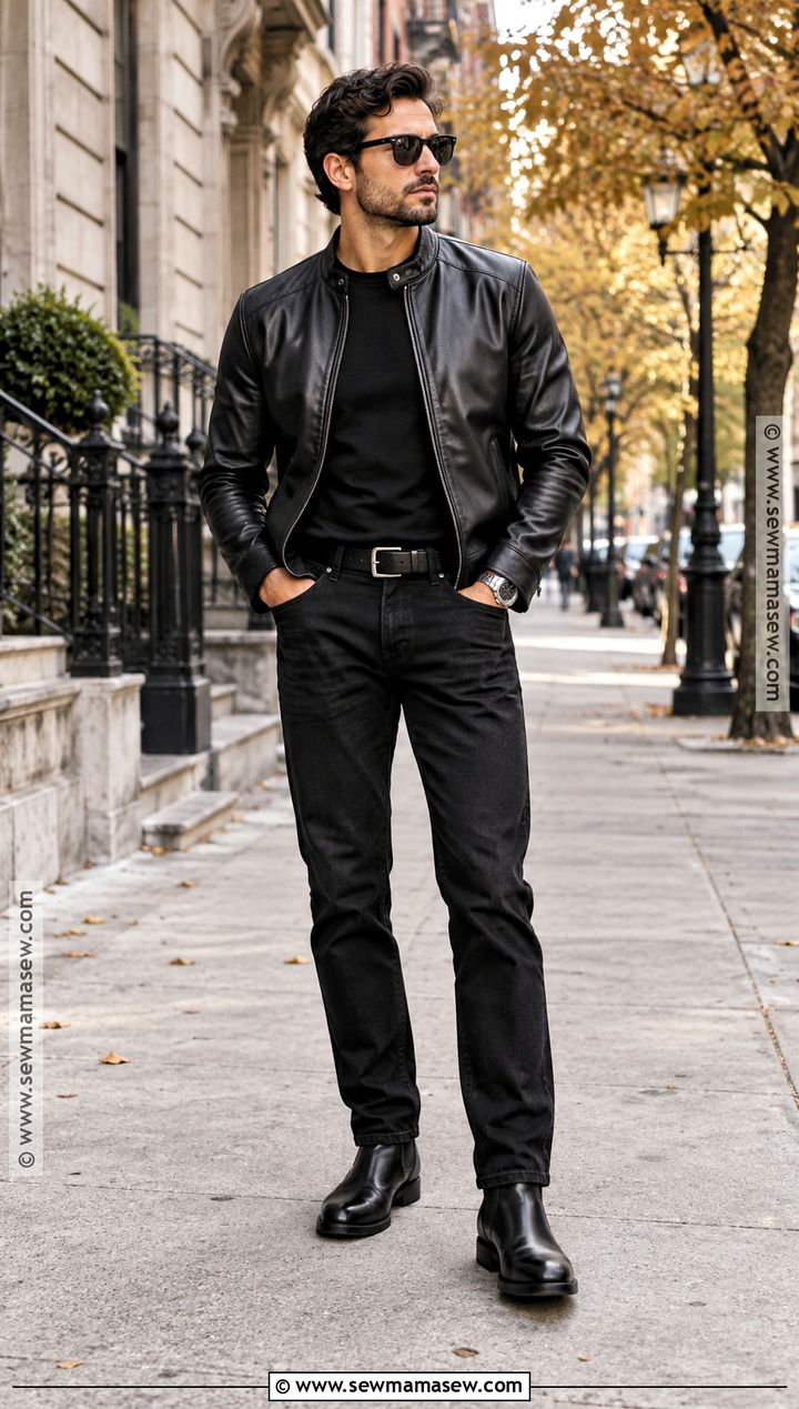 All Black Leather Jacket and Jeans Outfit - 15 All Black Fall Outfits for Men