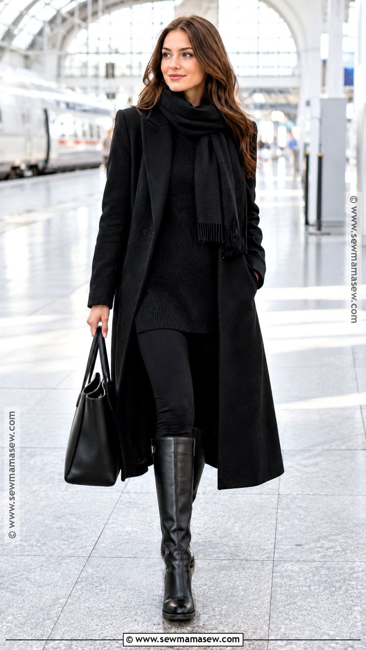All Black Long Coat and Leggings Outfit - 20 All Black Fall Outfits Classy