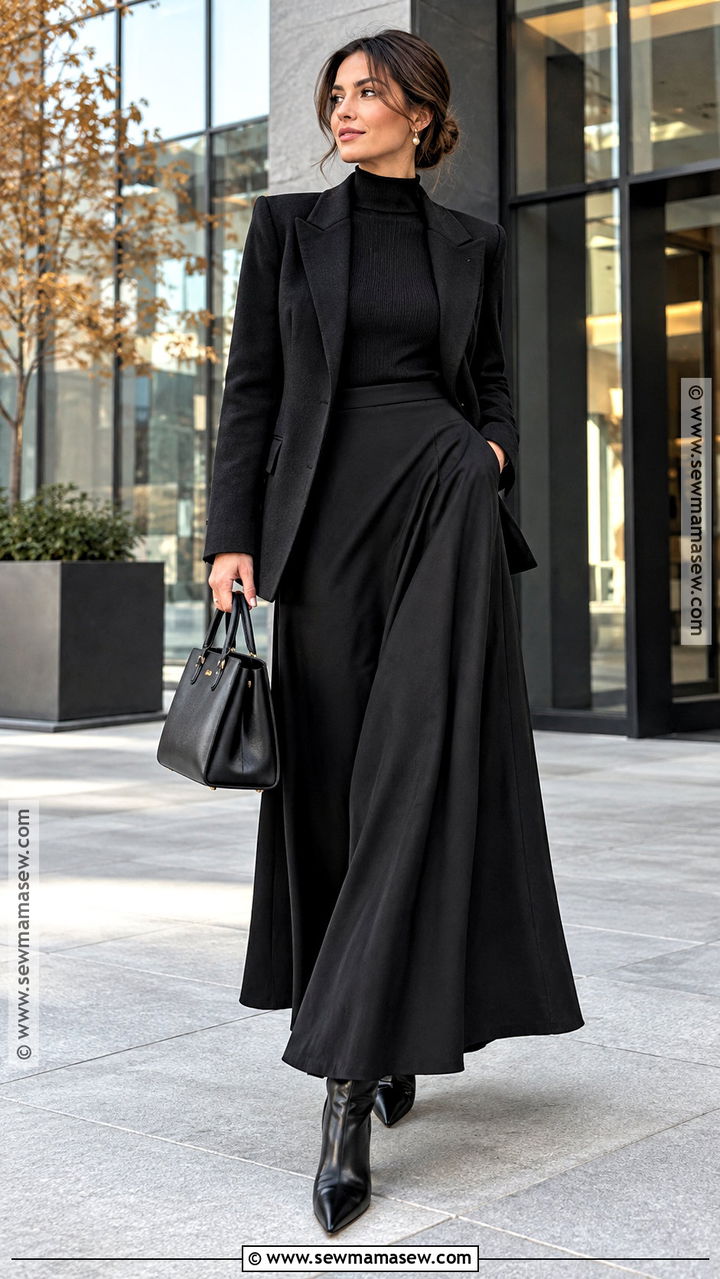 All Black Maxi Dress and Cropped Jacket Outfit - 20 All Black Fall Outfits Classy