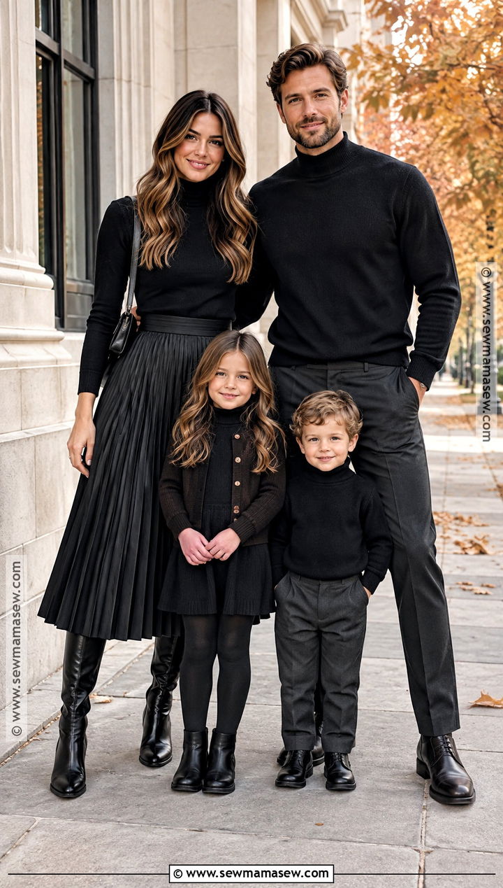 All Black Midi Skirt And Turtleneck Family Outfit - 15 all black family photoshoot outfits fall