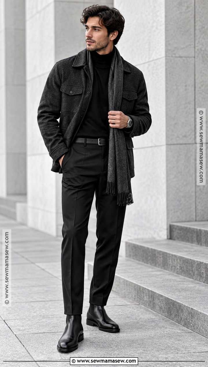 All Black Outfit With Textured Jacket And Boots - 15 Black Pants Fall Outfit for Men
