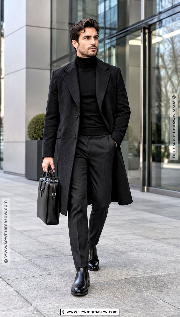 All Black Overcoat and Turtleneck Outfit - 15 All Black Fall Outfits for Men