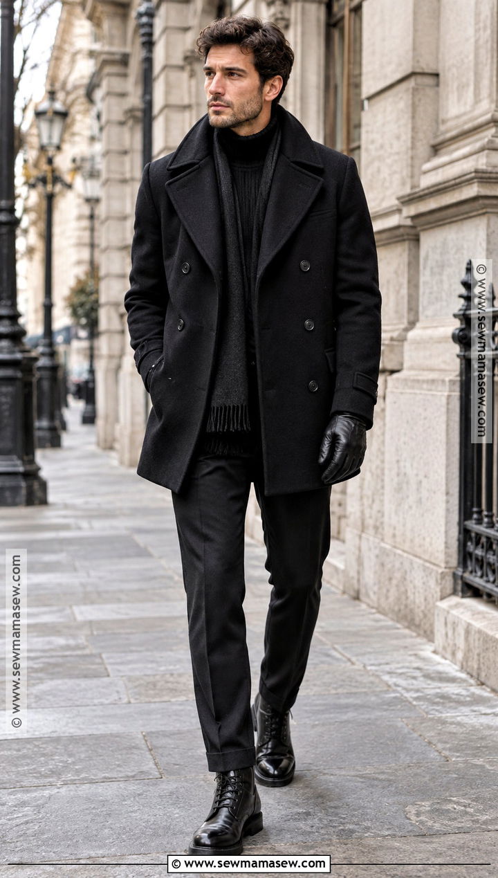 All Black Peacoat and Wool Trousers Outfit - 15 All Black Fall Outfits for Men