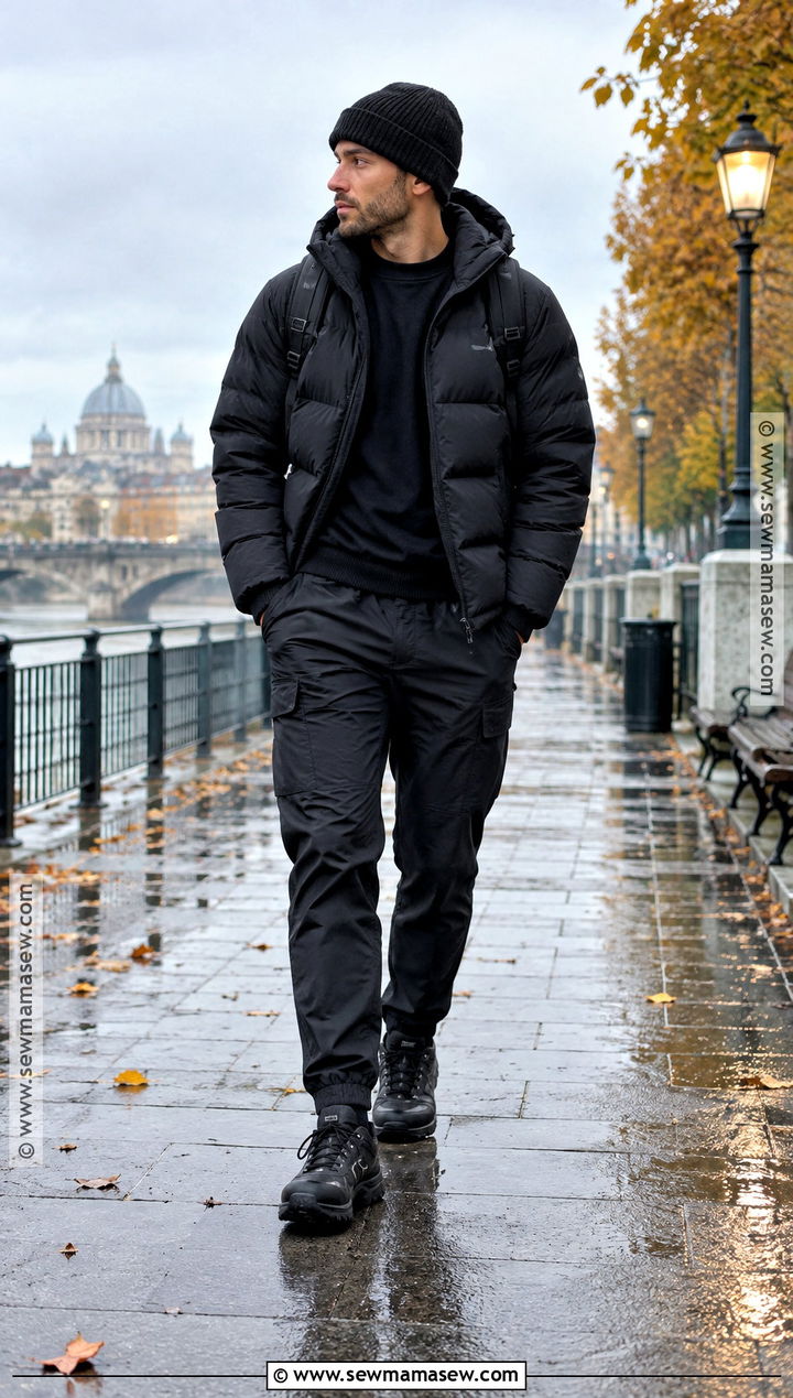All Black Puffer Jacket and Tech Pants Outfit - 15 All Black Fall Outfits for Men