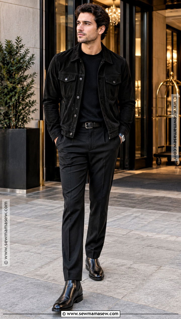 All Black Suede Jacket and Straight Leg Trousers Outfit - 15 All Black Fall Outfits for Men