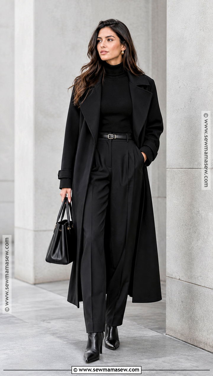 All Black Trench Coat Outfit With Tailored Pants - 15 black trench coat outfit fall ideas