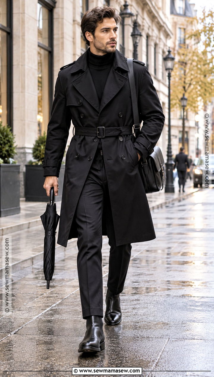 All Black Trench Coat and Tailored Pants Outfit - 15 All Black Fall Outfits for Men