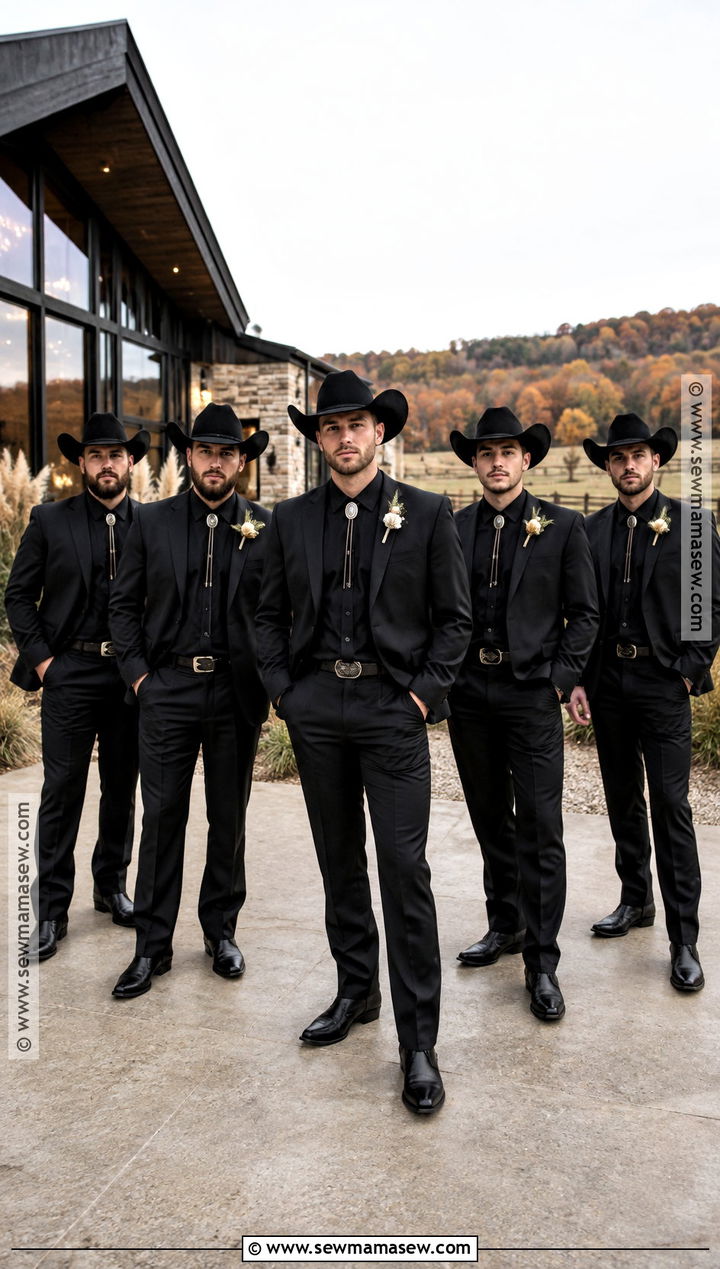 All Black Western Groomsmen Suits With Felt Hats - 15 fall western groomsmen attire ideas