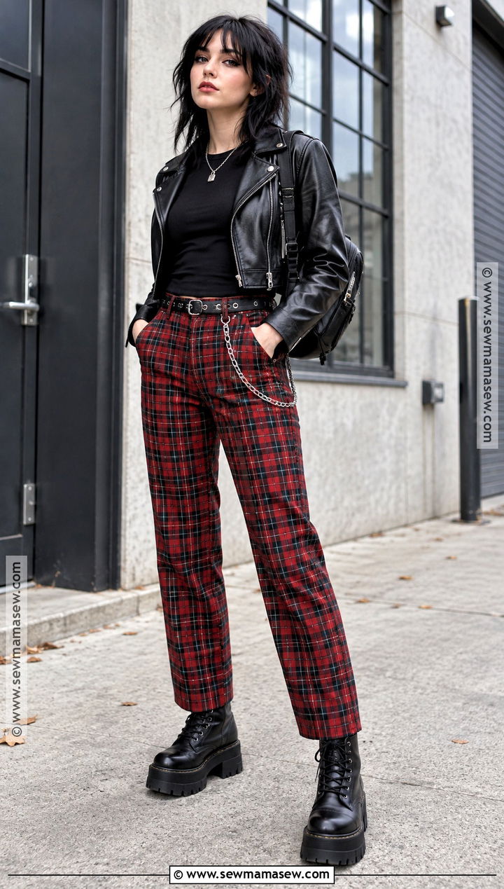 Alt Girl Leather Jacket And Plaid Pants Outfit - 20 alt girl fall outfits