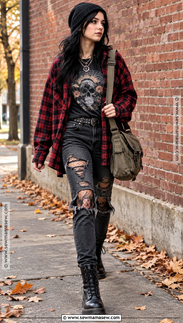 Alt Girl Ripped Jeans And Flannel Outfit - 20 alt girl fall outfits