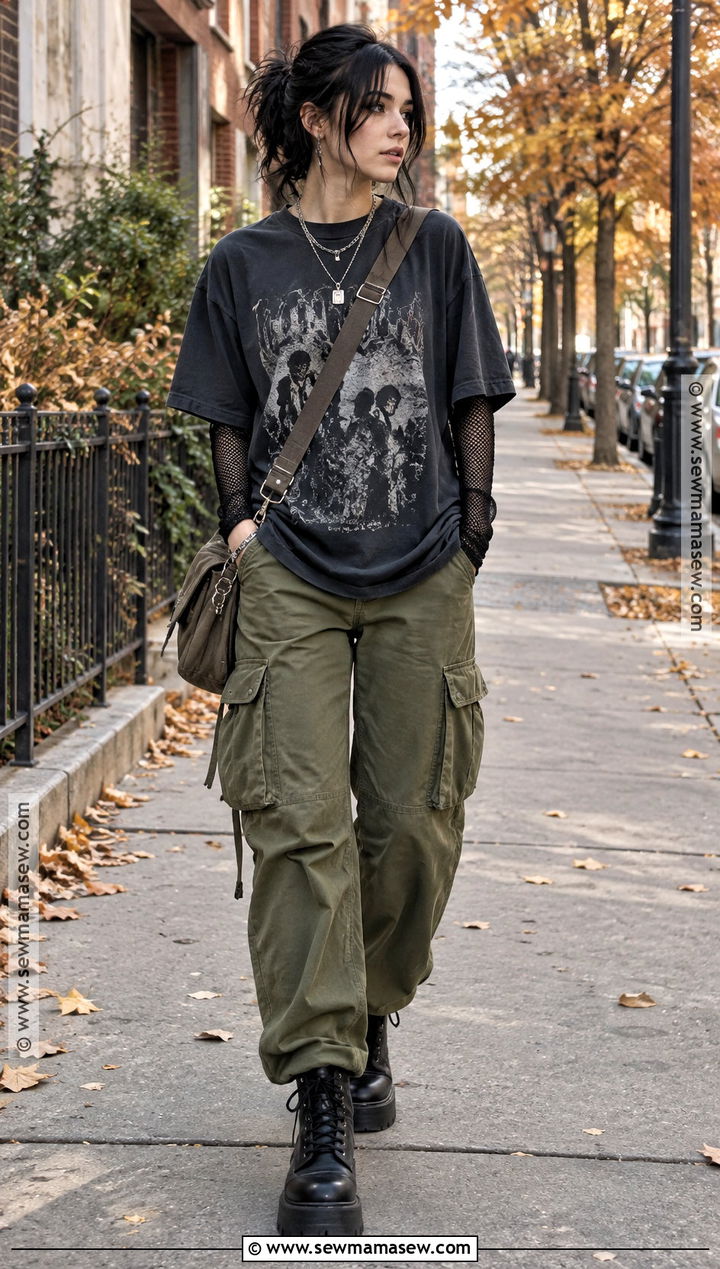 Alternative Fall Outfit With Band Tee And Cargo Pants - 20 Fall Outfits Alternative