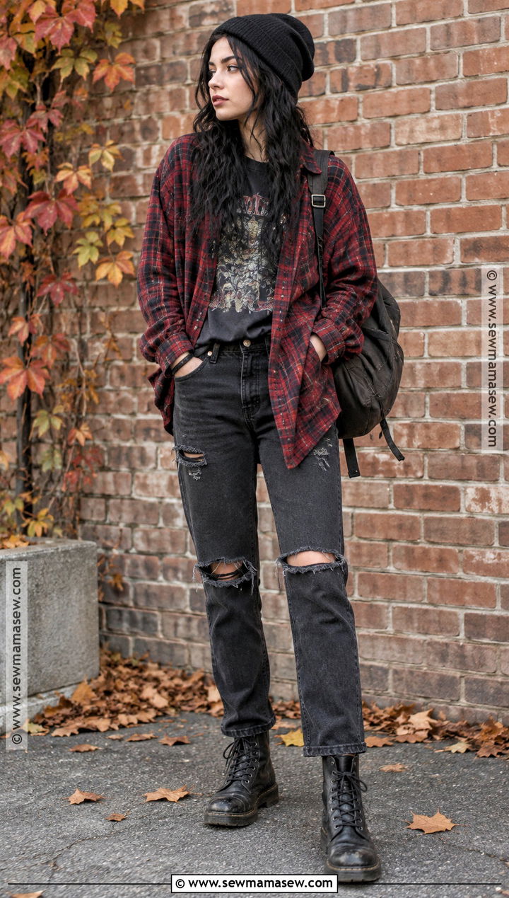Alternative Fall Outfit With Flannel And Ripped Jeans - 20 Fall Outfits Alternative