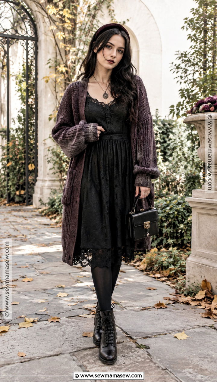 Alternative Fall Outfit With Lace Dress And Oversized Cardigan - 20 Fall Outfits Alternative