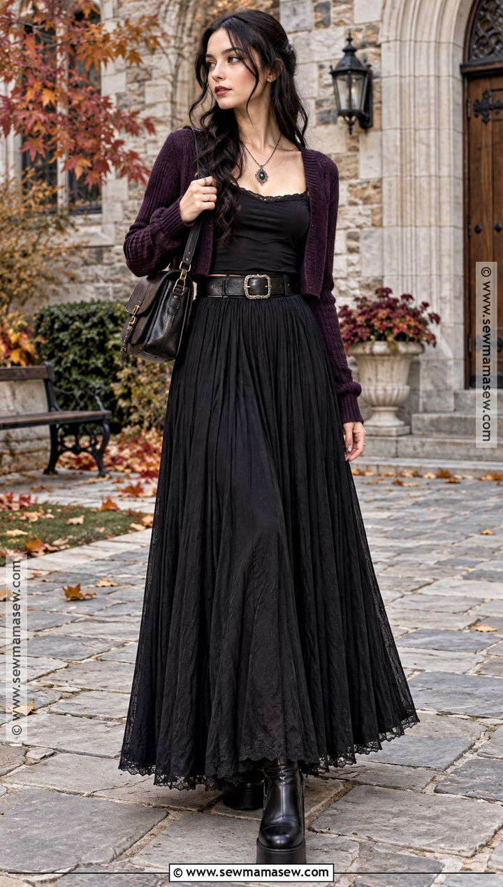 Alternative Fall Outfit With Maxi Skirt And Cropped Cardigan - 20 Fall Outfits Alternative