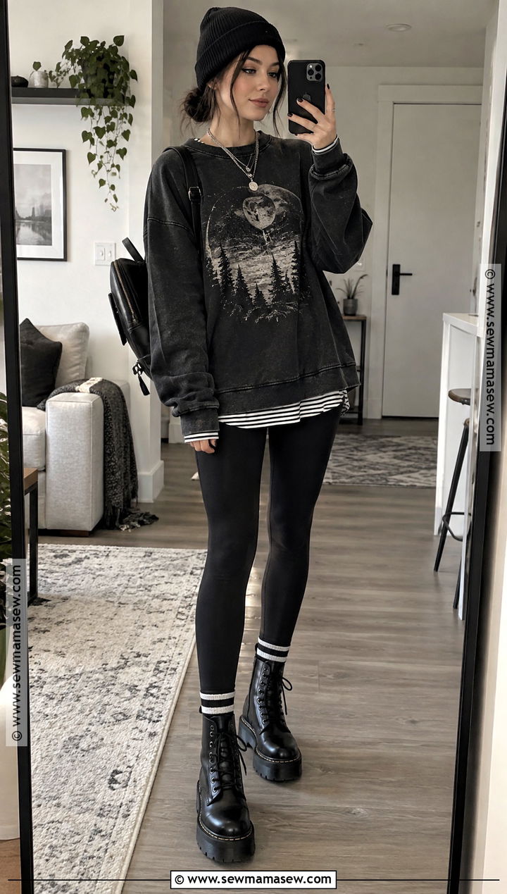 Alternative Fall Outfit With Oversized Sweatshirt And Leggings - 20 Fall Outfits Alternative