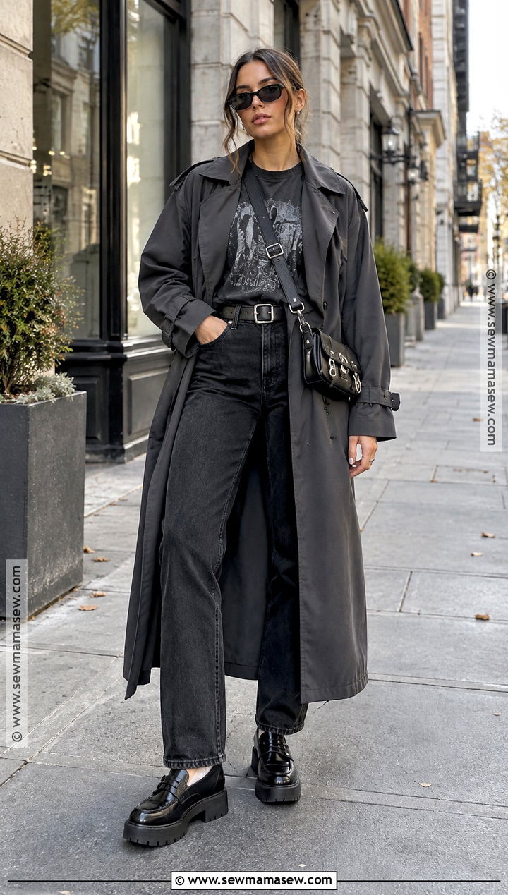 Alternative Fall Outfit With Trench Coat And Graphic Tee - 20 Fall Outfits Alternative