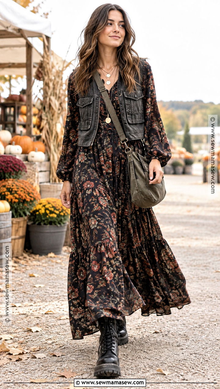 Alternative Fall Outfit With Utility Vest And Maxi Dress - 20 Fall Outfits Alternative