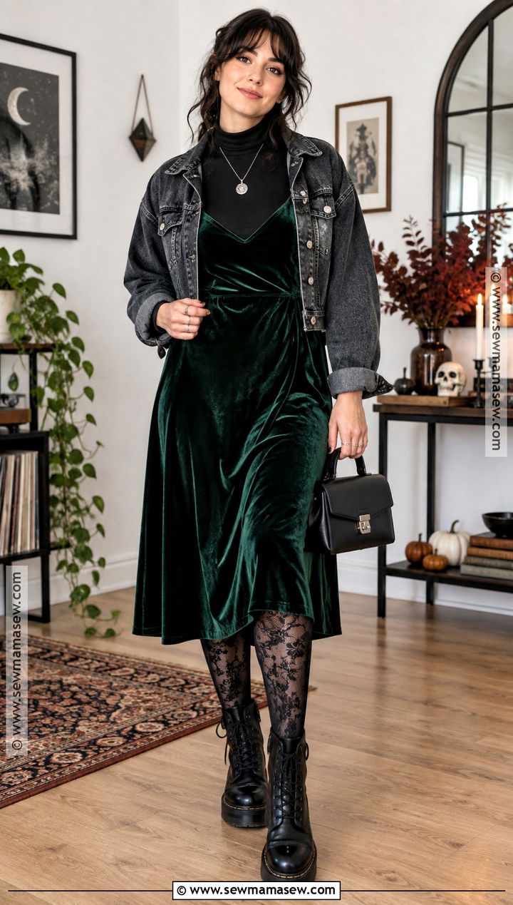Alternative Fall Outfit With Velvet Dress And Combat Boots - 20 Fall Outfits Alternative