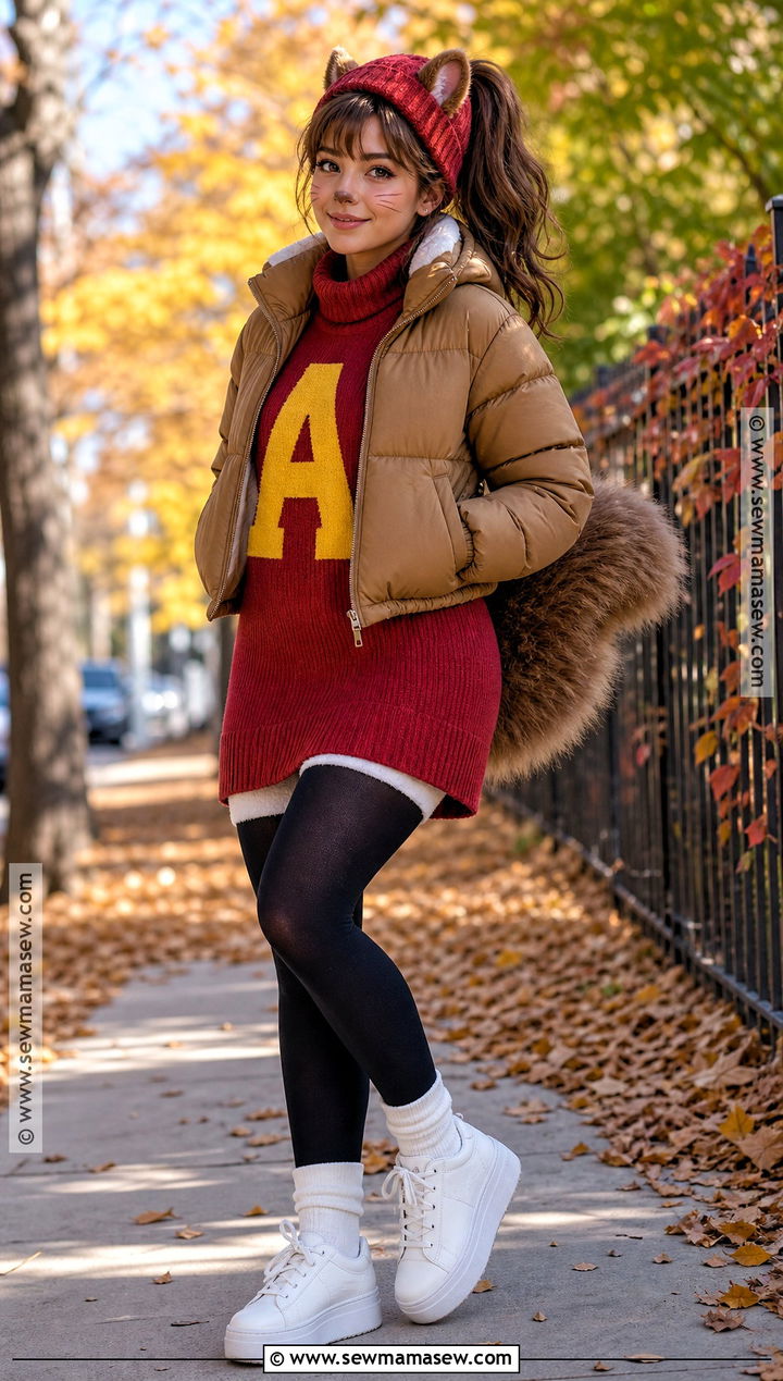 Alvin Winter Costume With Red Sweater Dress - 35 Alvin And The Chipmunks Costume Ideas for Women