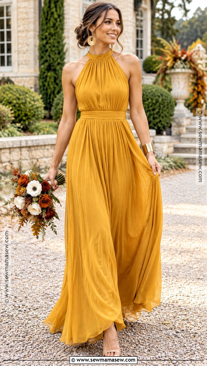 Amber Yellow Pleated Halter Bridesmaid Dress - 15 Yellow Fall Bridesmaid Dresses