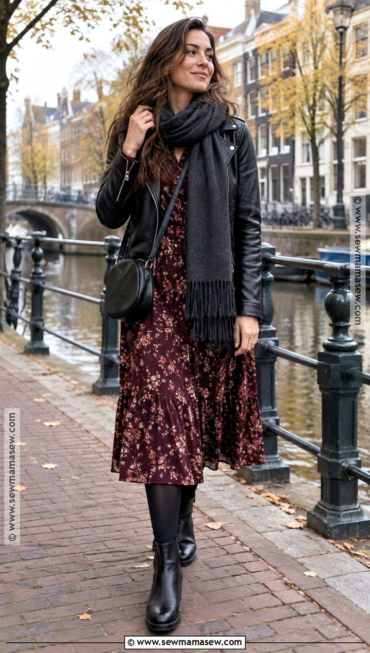 Amsterdam Autumn Floral Dress and Biker Jacket Outfit - 25 amsterdam outfit autumn ideas
