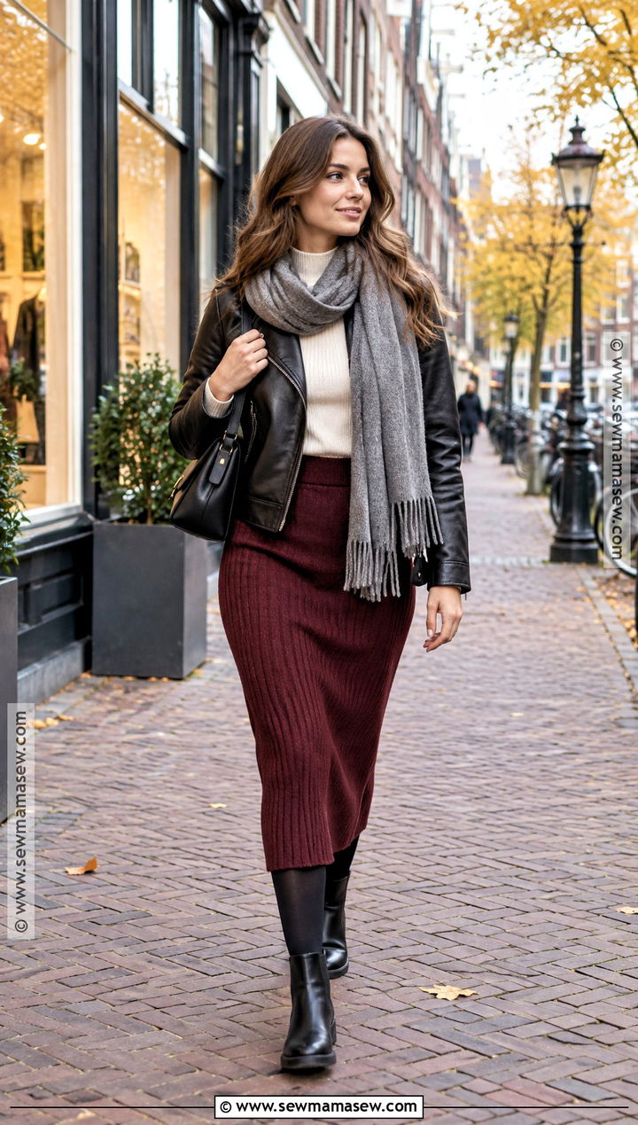 Amsterdam Autumn Leather Jacket and Knit Skirt Outfit - 25 amsterdam outfit autumn ideas