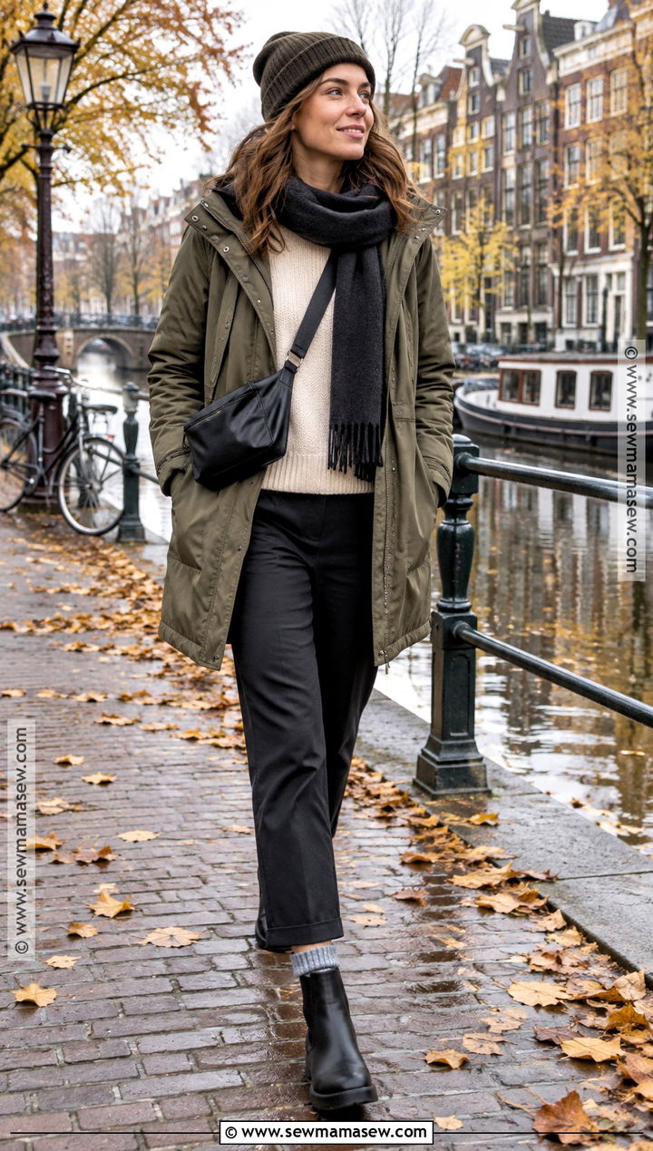 Amsterdam Autumn Parka and Straight Leg Trousers Outfit - 25 amsterdam outfit autumn ideas