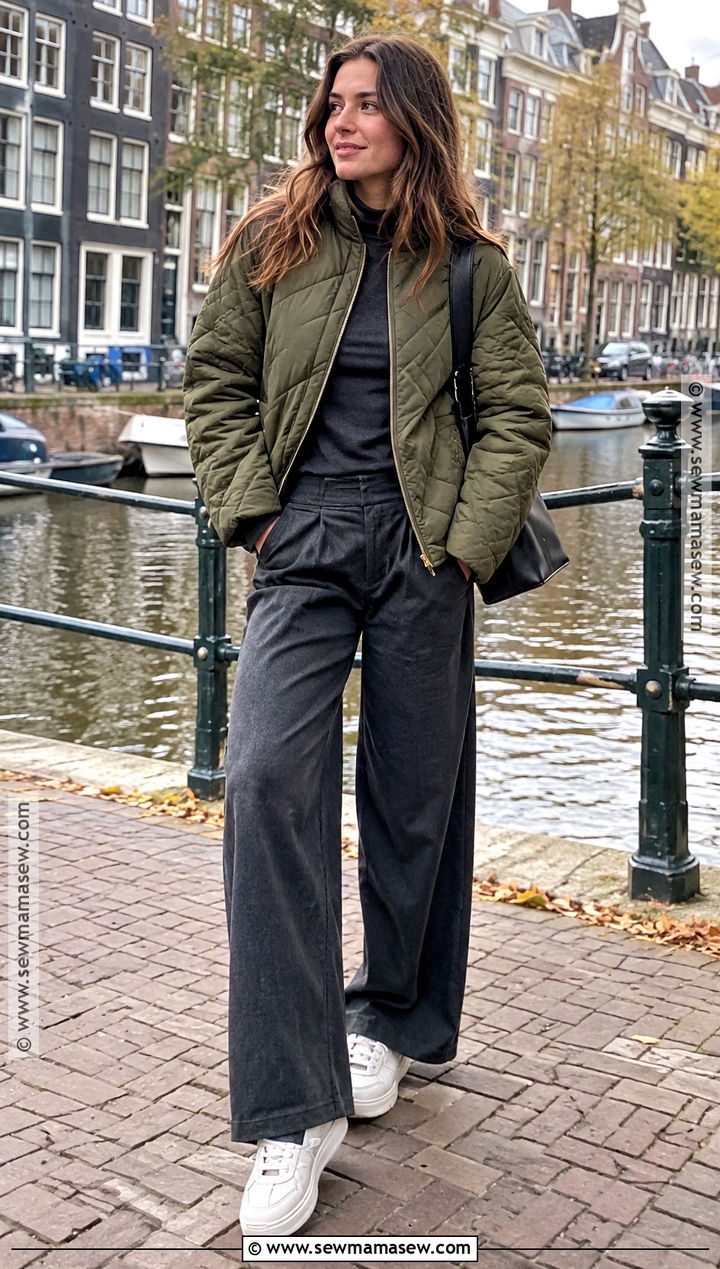 Amsterdam Autumn Quilted Jacket and Wide Leg Trousers Outfit - 25 amsterdam outfit autumn ideas