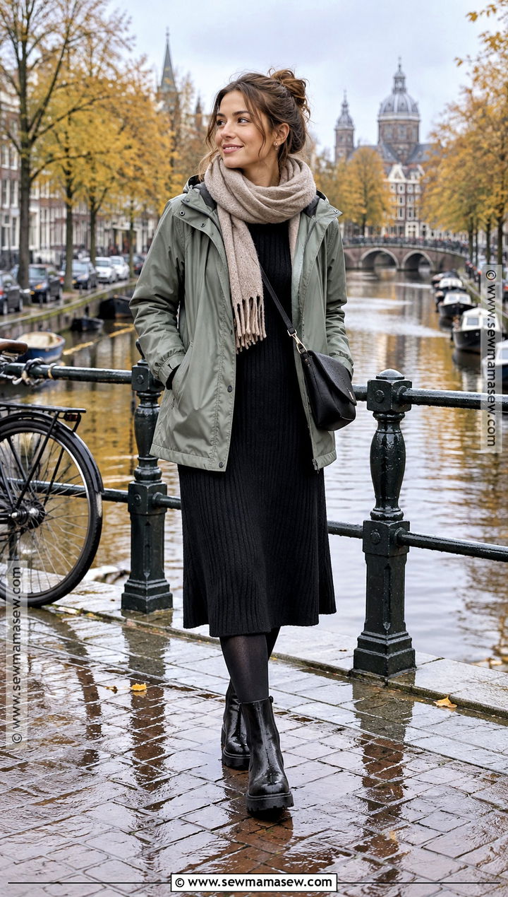Amsterdam Autumn Rain Jacket and Midi Dress Outfit - 25 amsterdam outfit autumn ideas