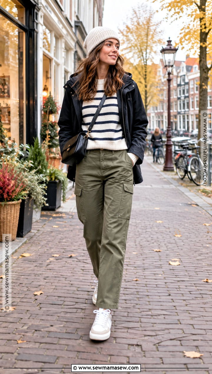 Amsterdam Fall Striped Sweater And Cargo Pants Outfit - 20 Amsterdam Fall Outfit Ideas