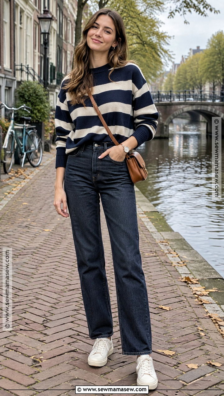 Amsterdam September Striped Sweater And Dark Jeans Outfit - 20 Amsterdam September Outfit Ideas
