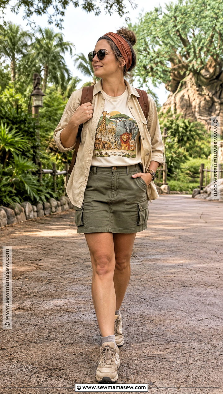 Animal Kingdom Shirt And Olive Cargo Skirt Outfit - 20 Disney Outfits Women Fall