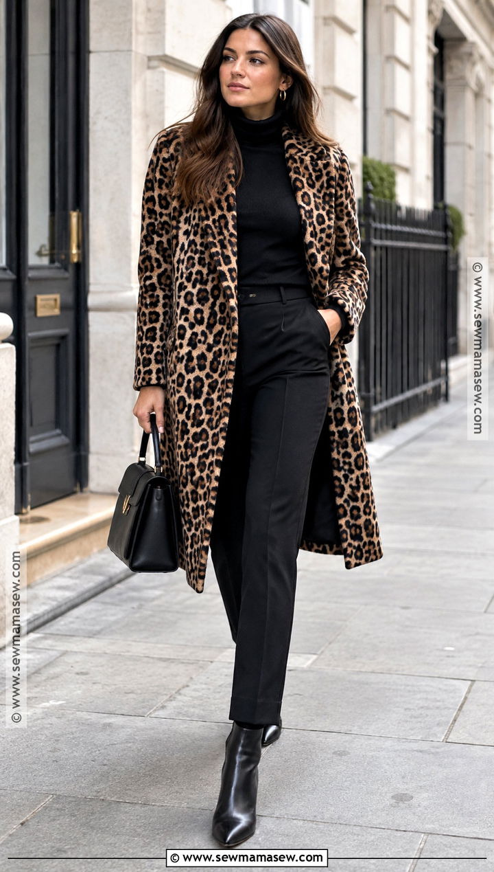 Animal Print Coat With All Black Outfit - 15 chic fall fashion look ideas