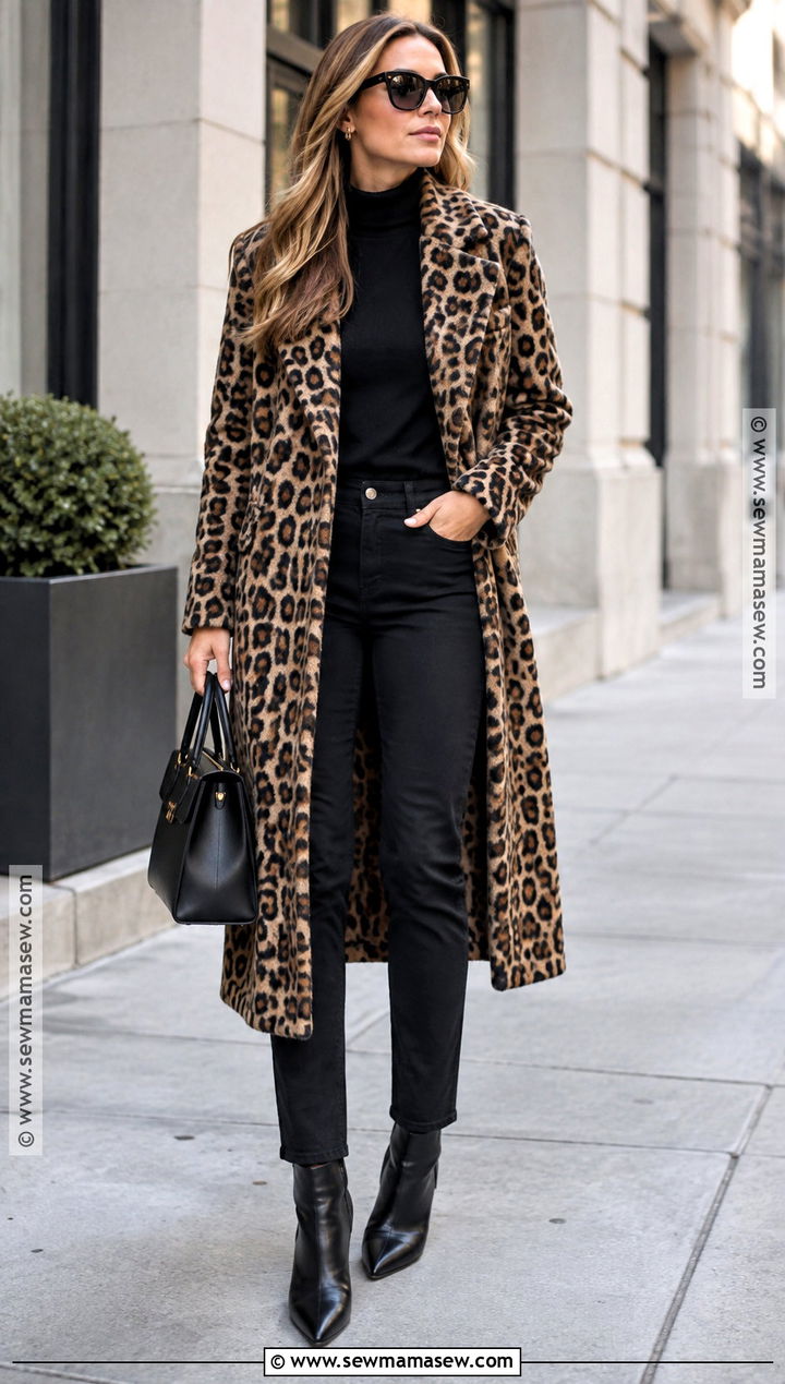 Animal Print Coat With Black Outfit And Boots - 15 2026 Fall Fashion Ideas
