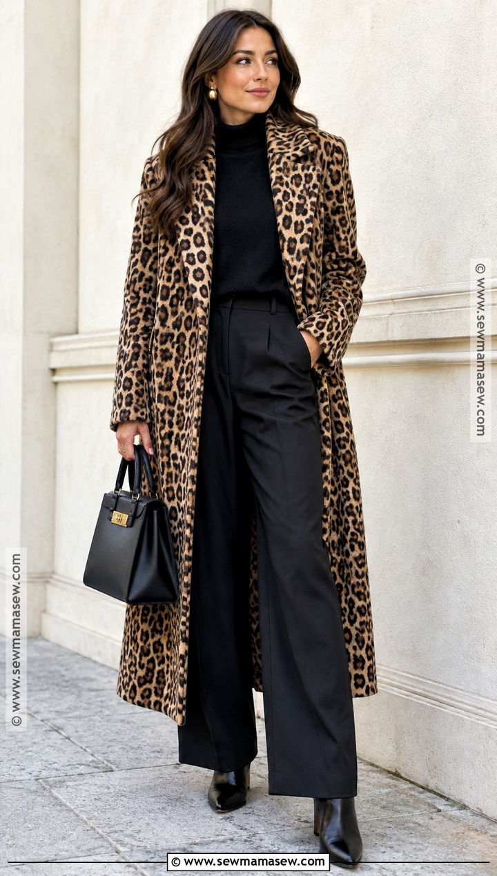 Animal Print Coat and Black Trousers - 20 Fall Clothing Trends