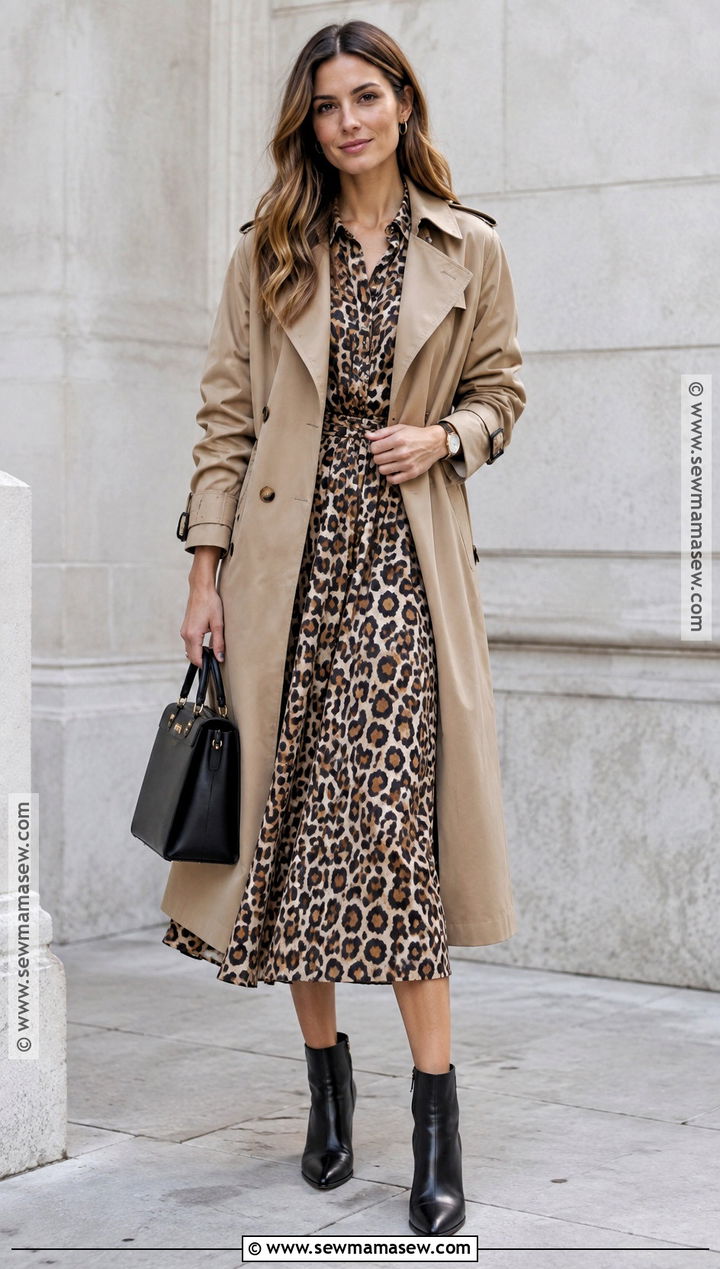 Animal Print Dress With Trench Coat - 25 autumn dress outfit ideas