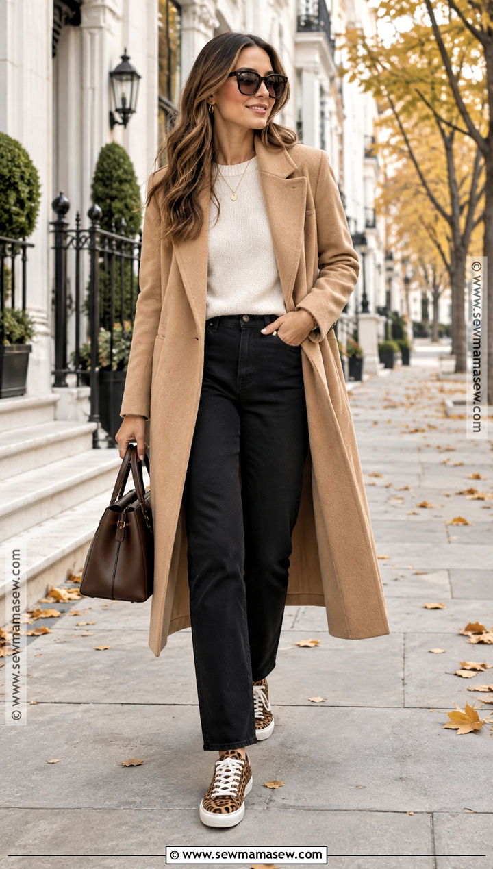 Animal Print Sneakers With Neutral Pants And Camel Coat - 25 fall sneakers outfit