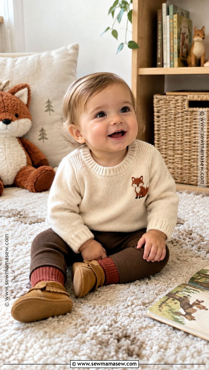 Animal Sweater With Baby Leggings And Moccasins - 15 cozy fall baby outfit ideas
